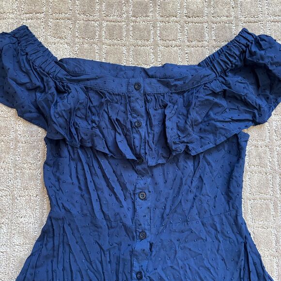 Urban Outfitters Off The Shoulder Swiss Dot Mini Dress Medium Navy Blue NWT - Picture 2 of 6